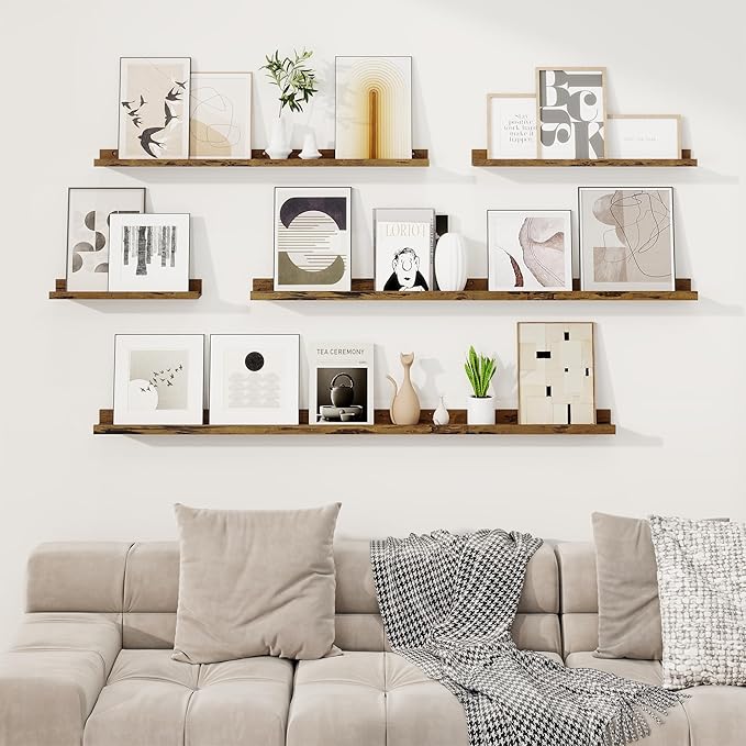 RICHFOCUS Picture Ledge Shelf, 16 inch Floating Shelves Set of 2, Wood Wall Shelves with Lip, Wall Decor Storage for Bedroom Living Room Bathroom Kitchen Nursery Photo Picture, Rustic Brown