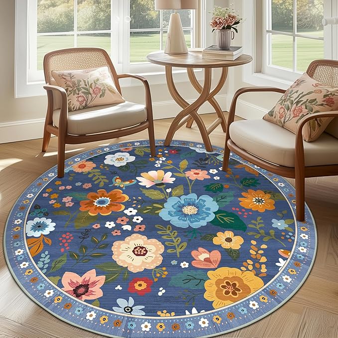 RELEANY Floral Nursery 4ft Area Rugs Washable Print Boho Cute Carpet Non Slip Flower Low Pile for Living Room Kids Girls Playroom Bedroom Kitchen Office Farmhouse-Blue/Grey