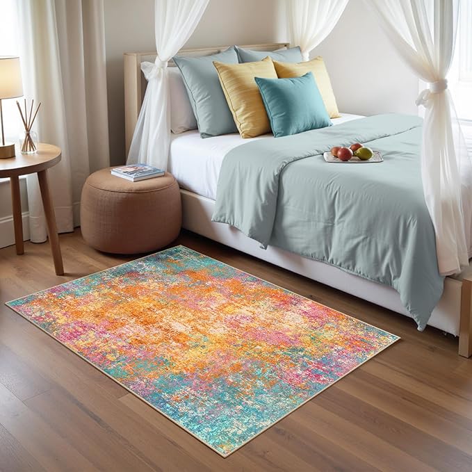 RELEANY Washable Area Rugs 3'x5' Non-Slip Modern Abstract Soft for Living Room Entryway Bedroom Nursery, Print Pattern, Orange Blue Pink Yellow Colorful