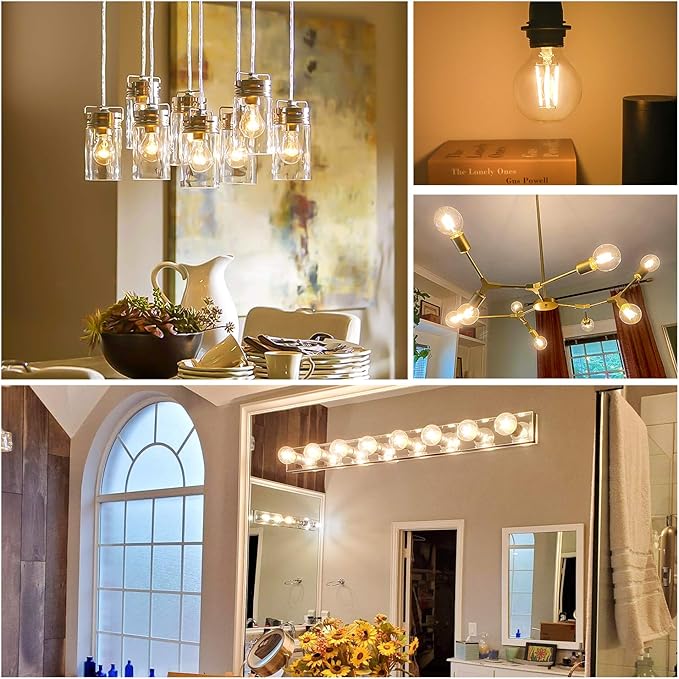 G25 LED Globe Light Bulbs, Dimmable Edison Filament Vanity Light Bulbs, 8W 100W Equivalent, 1200 Lumens Bright, 2700K Soft White, E26 Medium Base Clear Glass for Bathroom Vanity Mirror, 4 Pack