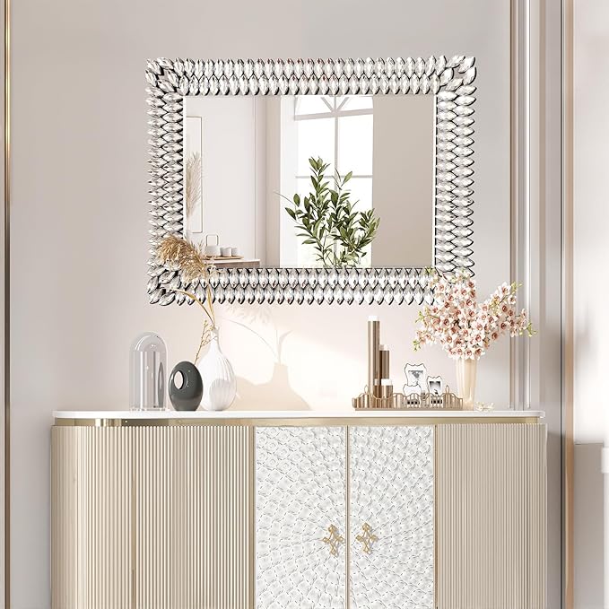 30x40 Inch Rectangle Mirrors for Wall Decor, Luxury Diamond Entryway Mirrors for Wall, Silver Decorative Mirror for Living Room, Bedroom, Bathroom, Dining Room, Fireplace