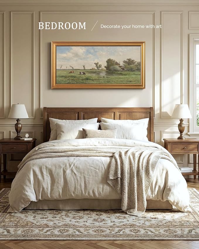 Bzstyleart Vintage Wall Art Decor for Living Room, Large Canvas Framed Wall Art, Landscape Painting Picture Farmhouse, Big Canvas Artwork Bedroom Home Decor Aesthetic, Rural Pastoral, 20 x 40 Inch