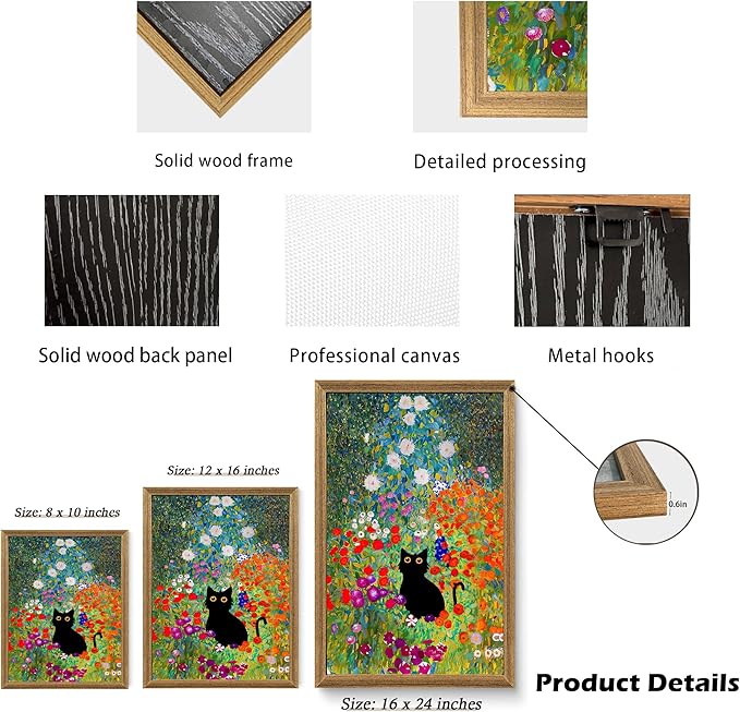 Fantasy Artists Gustav Klimt Canvas Wall Art, Framed Aesthetic Cat Floral Wall Decor, Garden Flower Black Cat Poster Paintings for Living Room Bedroom Bathroon, Dorm Home Decorations, 16" X 24"