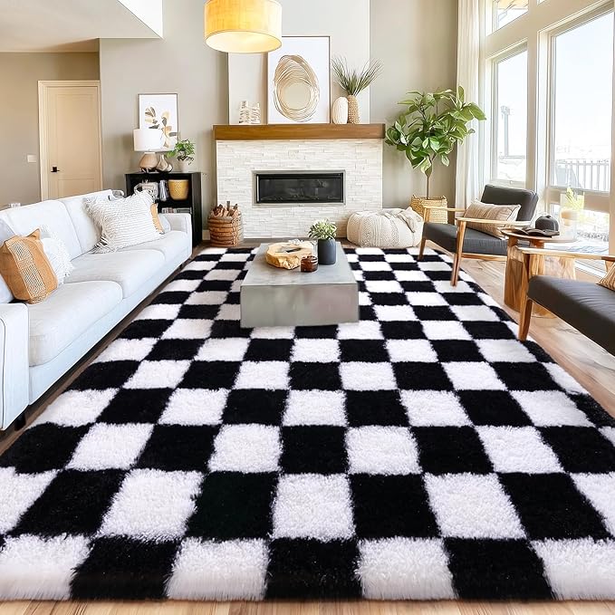 Checkered Rugs for Living Room 6x9, Ultra Soft Fluffy Rug for Bedroom, Modern Shaggy Carpets Rug for Girls Boys Room Home Indoor Nursery Teens Dorm Decor, Upgrade Non-Slip Durable, Black and White