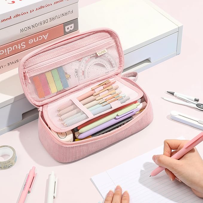 SUNEE Cute Pencil Case, Large Capacity Pencil Pouch Aesthetic Zipper Pencil Bag, Big Storage Pen Organizer for Stationery, Soft Corduroy Pencil Box Back to School Supplies for Teen Girls Boys, Pink