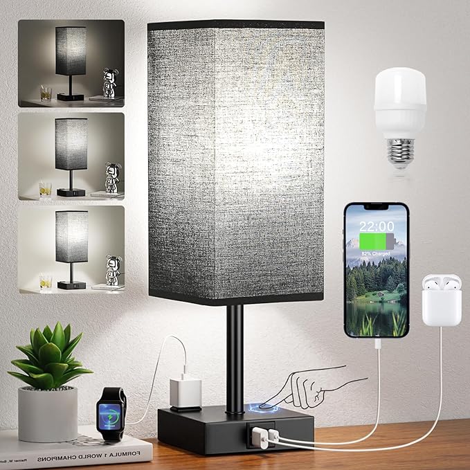 aooshine Black Lamp for Bedroom-Touch Lamp with USB-C+A and AC Outlets,3 Way Bedside Nightstand Square Table Lamp for Kids, Guest Room Living Rroom,Office, 800 Lumens 5000K Daylight Bulbs Included
