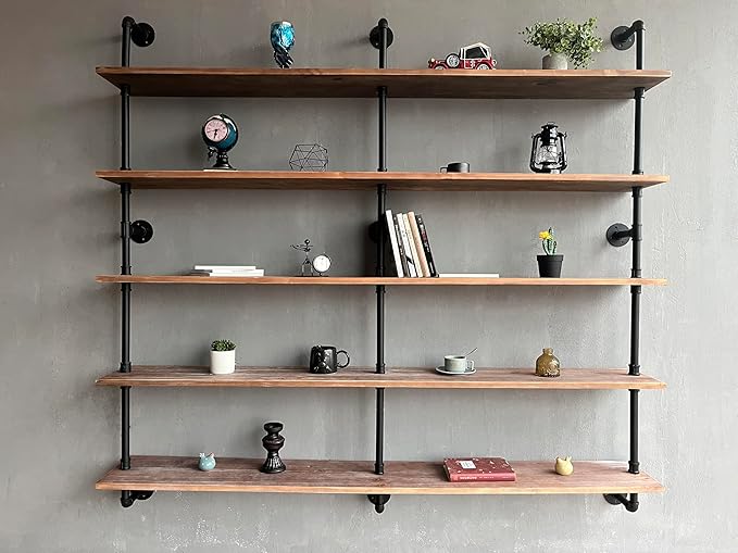 HDDFER Industrial Pipe Shelf Shelving Bookcase, Wall Mounted Rustic Bookshelf 60 Inch, Floating Bookshelves for Wall,Retro Wood Metal Pipe Industrial Shelves for Living Room