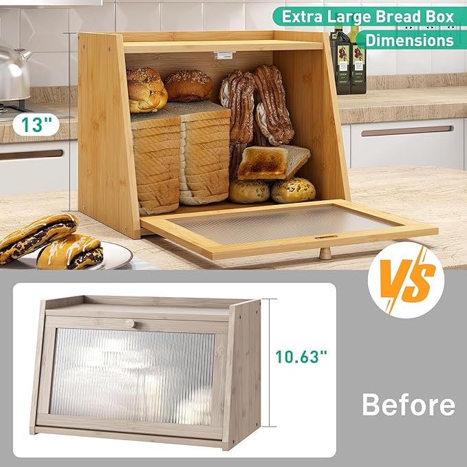 kiplant Large Bread Box for Kitchen Counter, Bamboo Bread Storage Container with Wavy Arcylic Transparent Door, Bamboo Wooden Farmhouse Bread Box for Your House