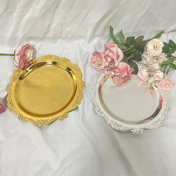 Tray Stainless Steel Decorative Trays Round Gold, Vintage Jewelry Perfume Storage Organizer with Embossed Rims, Small Display Tray Organizer for Dresser,Bedroom,Home Decor