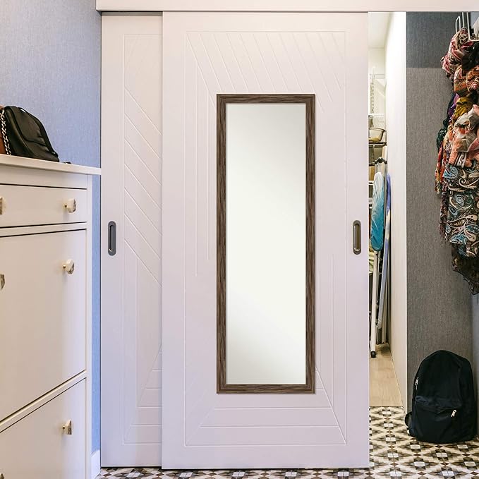 Amanti Art Brown Full Length Mirror for Door, 51x17 Regis Barnwood Mocha Narrow Tall Wall Mirror Full Length, Mounted to Door or Closet Wall with no Visible Brackets, Country Rustic Wood Frame,