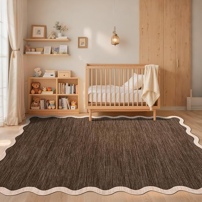 GarveeHome Scalloped Washable Area Rug 8 x 10 Rug for Living Room Modern Brown Rug Non Slip Throw Rugs Distressed Large Bedroom Area Rug Stain Resistant Carpet for Dining Room Nursery 8'x10' Brown