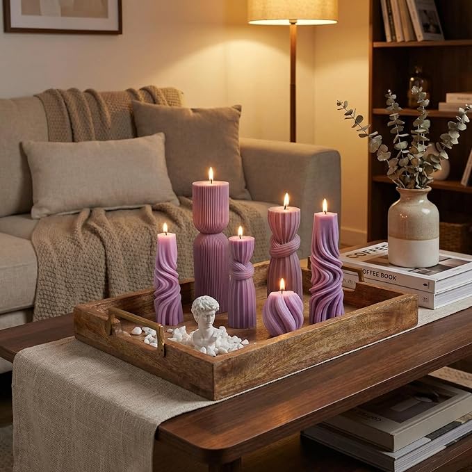 Threlaco 6 Pcs Pillar Candles Decorative Modern Aesthetic Ribbed Candle Set Cute Soy Wax Scented Ribbed Decor Commemorative Gift for Home Decoration(Purple, 2.36-6.89 Inch)