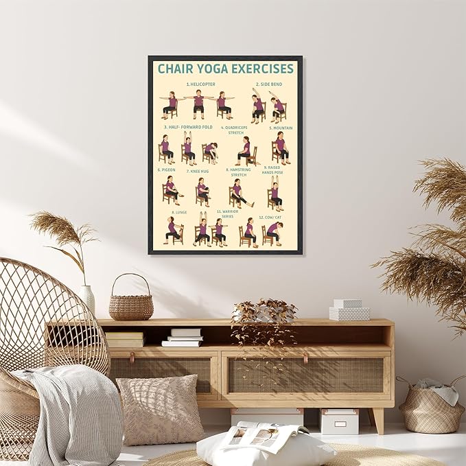 Licpach Chair Yoga Exercises Poster Fitness Instruction Canvas Print Wall Art Wellness Chart for Seniors Over 60 Senior Stretching Workout Guide for Office Desk Home Gym Studio 24x36inch Black Frame