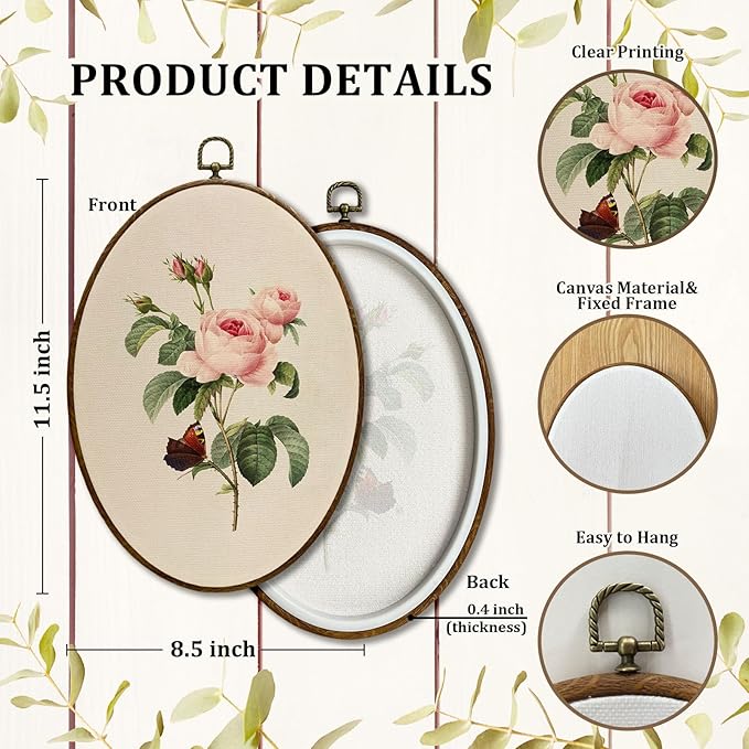 JQF Vintage Pink Rose Floral Oval Wall Decor, Rustic Farmhouse Country Oval Canvas Wall Art, Neutral Antique Botanical Flower Framed Prints Hanging Decor for Home Bedroom Living Room, 8.5x11.5 Inch