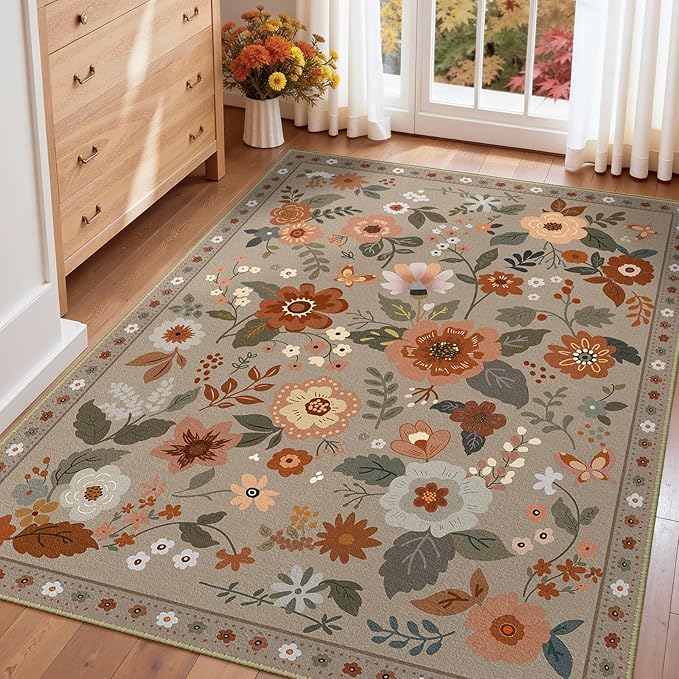 RELEANY Floral Nursery 5x7 Area Rugs Washable Print Boho Cute Carpet Non Slip Flower Low Pile for Living Room Kids Girls Playroom Bedroom Kitchen Office Farmhouse-Brown/Brick