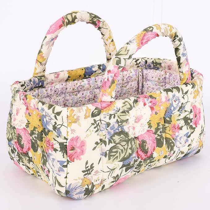 2Pcs Small Storage Basket Organizer, Mini Quilted Fabric Basket with Handle, Collapsible Storage Bin for Socks, Keys, Diapers