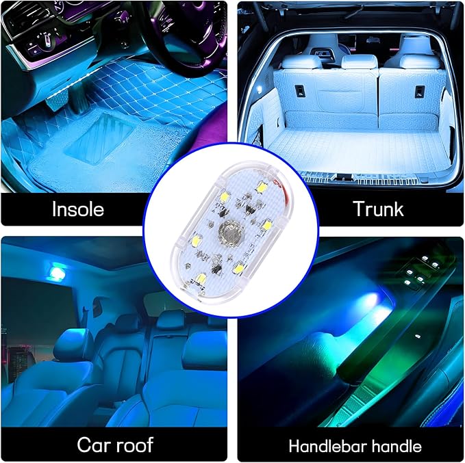 4 PCS Car LED Lights Interior Wireless, Super Bright Auto Interior Ambient Light with 6 Bright LED Lamp Beads, Portable USB Rechargeable Car Led Night Light for Vehicle Decor(Ice Blue)