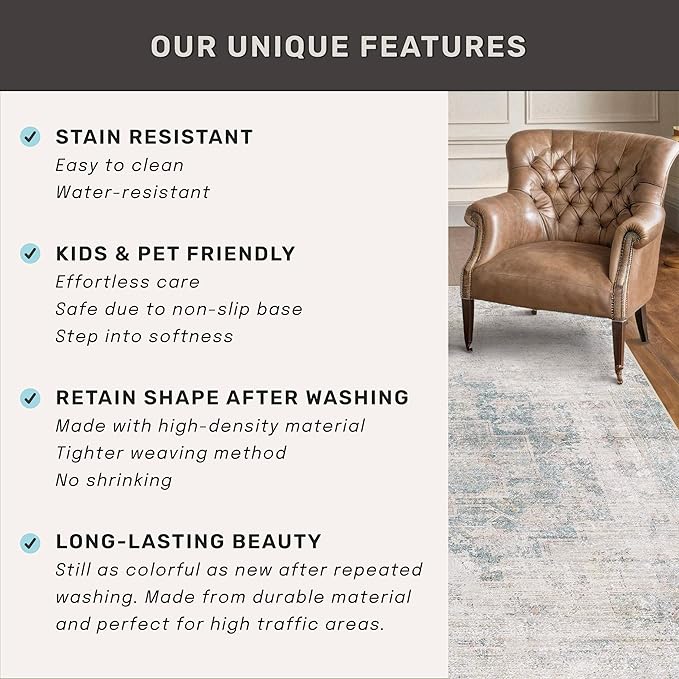 Light Blue 2x4 Runner Rug for Bathroom, Entryway Indoor, Kitchen Floor Waterproof, Powder Room, Washable Non Slip Low Pile Stain & Fade Resistant, Modern Eclectic Dusty Blue Décor