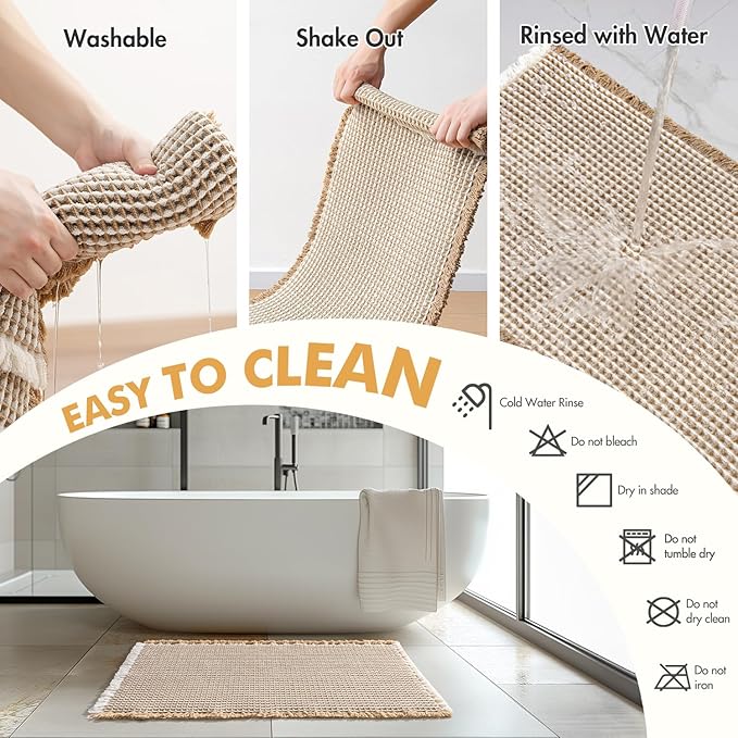 MIULEE Set of 2 Waffle Bathroom Rugs, Boho Bath Rugs Non Slip Washable, Super Absorbent Bath Mats, Ultra Soft Rubber Backed Shower Mats for Bathroom Floor, Tub, Brown & White, 17"x24"+18"x30"