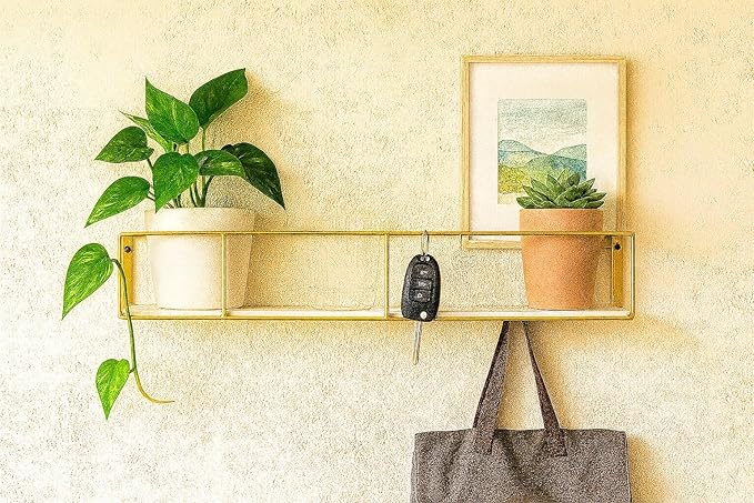 Urban Lifestyle Gold Iron Floating Wall Shelf, Modern Wall-Mounted Storage & Display Rack with Open Frame Design, Decorative Organizer for Living Room, Bedroom, or Office