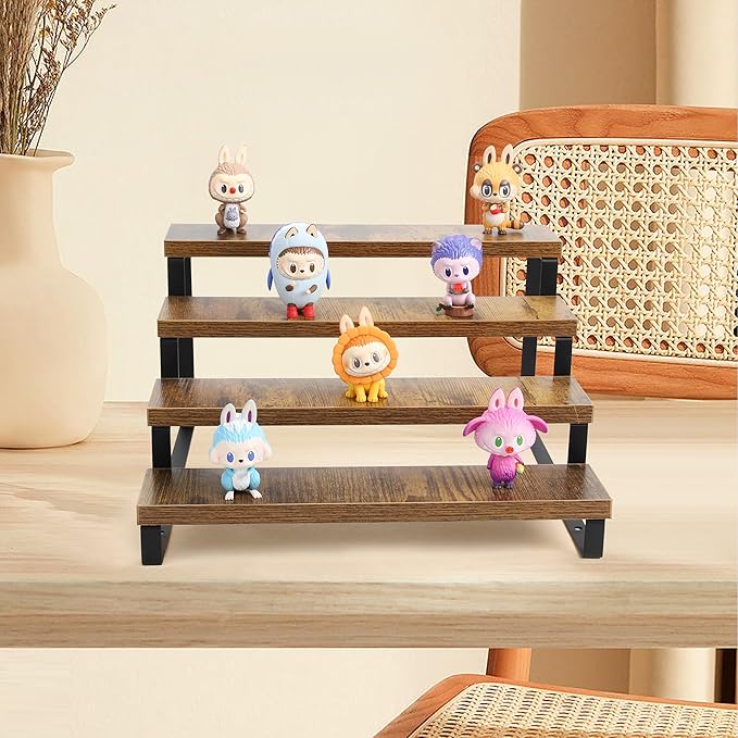 4 Step Wood Countertop Display Riser Stand,Wooden Display Riser Shelf,Spice Rack Organizer,Countertop Display Shelf for Perfume,Makeup,Figure, Bottles,Jars,Baking Supplies (Rustic Brown)