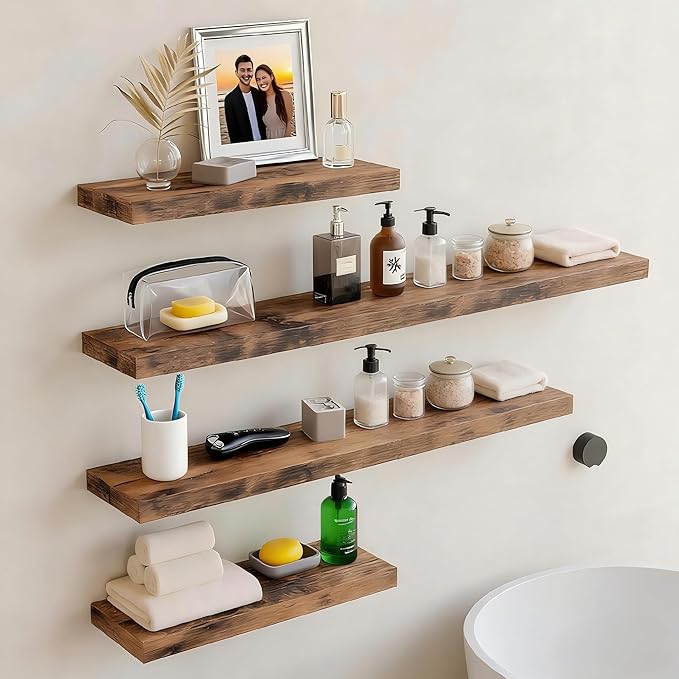 Vervida® Floating Shelves, 47.2 inch Wall Mounted Rustic Wood Shelves for Bathroom, Bedroom, Living Room, Kitchen, Office, Hanging Shelf for Books/Storage/Decor(Rustic Brown,Set of 3)
