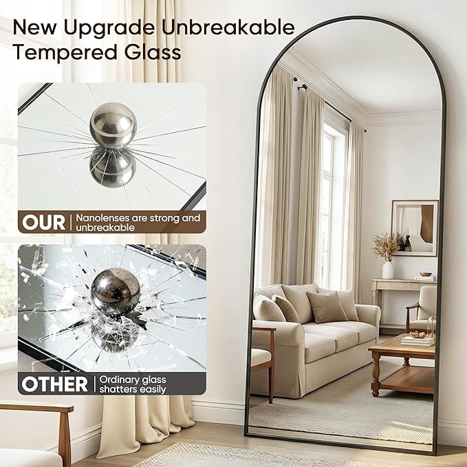 Antok Full Length Mirror, 58"x18" Floor Mirror with Stand, Hanging Mounted Mirrors for Bedroom, Living Room, Cloakroom, Dining Room, Black, Arched