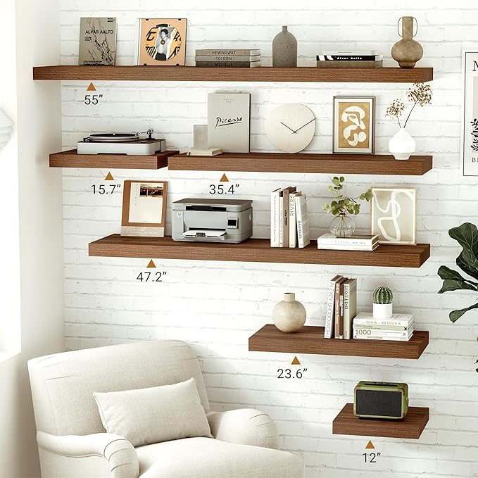 Vivelove Rustic Floating Shelves for Wall 12 Inch Deep, 16" X 12" X 1.5" Floating Shelf, 2 Inch Thick Shelf for Living Room Bathroom Bedroom Kitchen Office, Rustic Farmhouse Decor Set of 2, Walnut