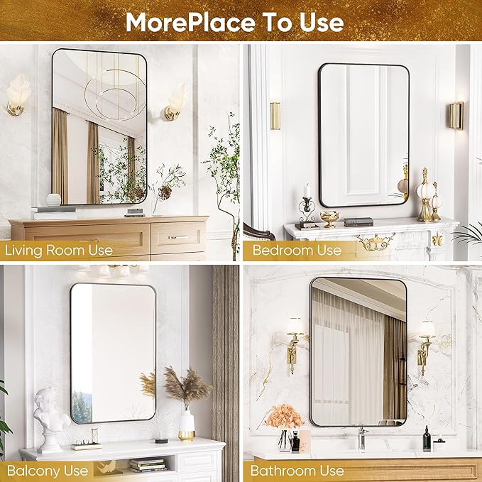 Antok 24x36 Black Metal Framed Bathroom Mirror, Wall Mirror with Round Corners, Vanity Mirror for Over Sink, Anti-Rust Tempered Glass, Horizontal/Vertical Hanging for Bathroom, Living Room, Entryway