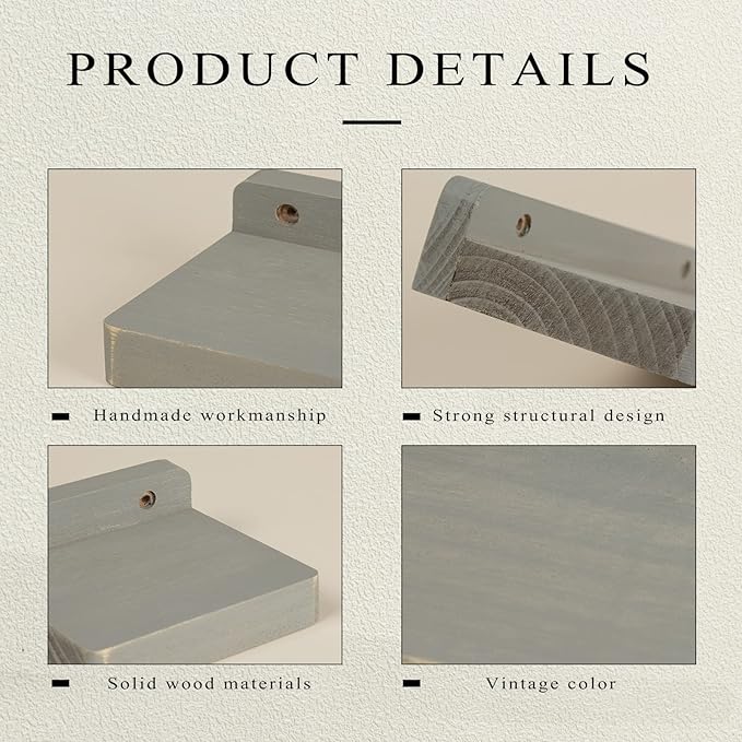 Freezing point Small Floating Shelf for Wall Set of 4 Natural Wood 4Inch Mini Wall Shelves Decor Plant Display Collectibles Mounted Kitchen Bathroom Bedroom Corner Decorative Storage Tiny Stand Grey