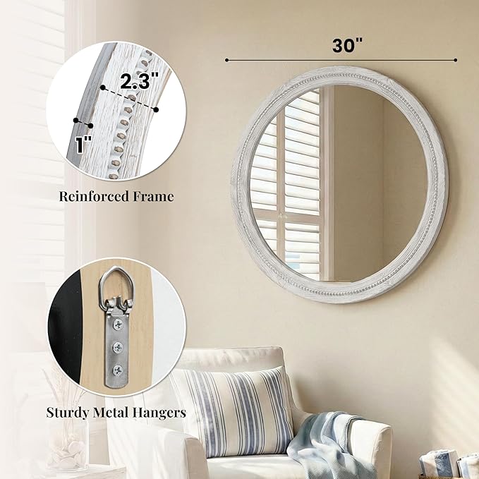 30" White Round Wood Mirror for Bathroom Vanity, Distressed Solid Wood Wall Mirror - French Country Beaded Circle Mirror for Coastal Bedroom & Nursery