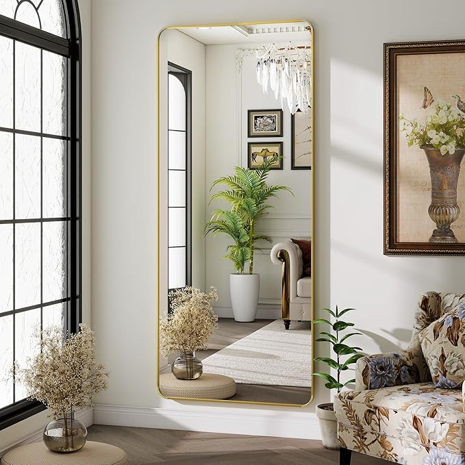 Gold Full Length Mirror 26 x 71 Inch Nano Floor Mirrors with Stand Rounded Corner Full Body Mirrors with Aluminum Alloy Frame for Bedroom Living Room Checkroom