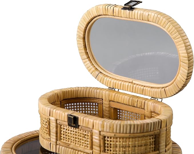 SOFE Oval Rattan Boxes with Glass Lid Set of 2, Farmhouse Stacking Decorative Boxes for Home Decor Organizers, Handwoven Boho Storage Bins, Thanksgiving, Christmas, Housewarming Gifts