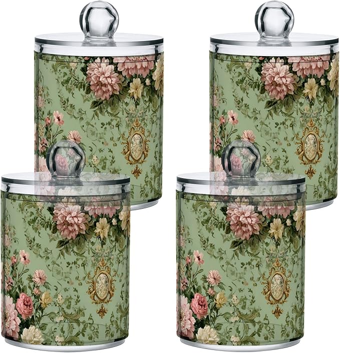 2 Pack Apothecary Jars Sweet Floral Green Background Bathroom Vanity Storage Organizer Set,Small Clear Plastic Storage Jars Bathroom Canister for Cotton Swabs, Rounds, Balls, Qtips,Makeup Spong