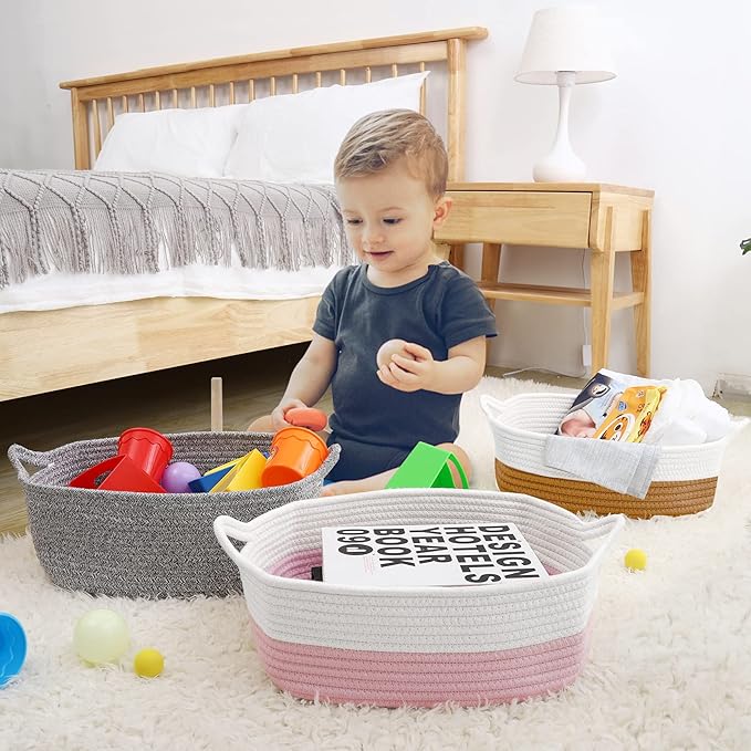 ABenkle Small Storage Basket with Handles, Cotton Rope Woven Dog Cat Toy Bin, Decorative Shelves Closet Organizing for Nursery Laundry Bedroom Bathroom, 14.2''x 11''x 5.1''