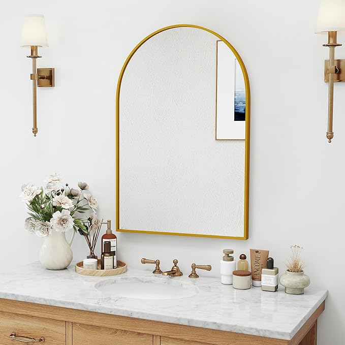 SCWF-GZ 30x20 Arch Mirror Rectangle Wall Mounted Hanging or Against Wall Metal Aluminum Alloy Frame Mirrors for Entryway Bedroom Bathroom Living Room 30 20 inch Gold