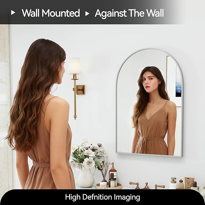 SCWF-GZ 30x20 Arch Mirror Rectangle Wall Mounted Hanging or Against Wall Aluminum Alloy Metal Frame Dressing Make-up Mirrors for Entryway Bedroom Bathroom Living Room 30 20 inch Silver