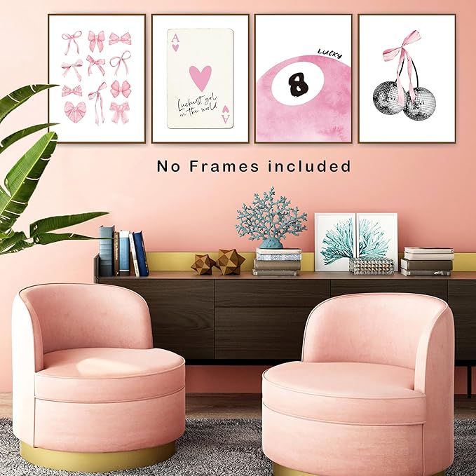 okaxscm Pink Coquette Trendy Preppy Wall Art Prints Set of 4, Coquette Room Decor, Preppy Room Decor Aesthetic, Pink Bow Disco 8 Ball Cherry Wall Decor Posters for Girls Bedroom Dorm, 12x16 Unframed