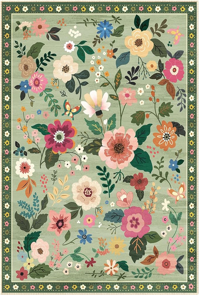 RELEANY Floral Nursery 5x7 Area Rugs Washable Print Boho Cute Carpet Non Slip Flower Low Pile for Living Room Kids Girls Playroom Bedroom Kitchen Office Farmhouse-Light Green