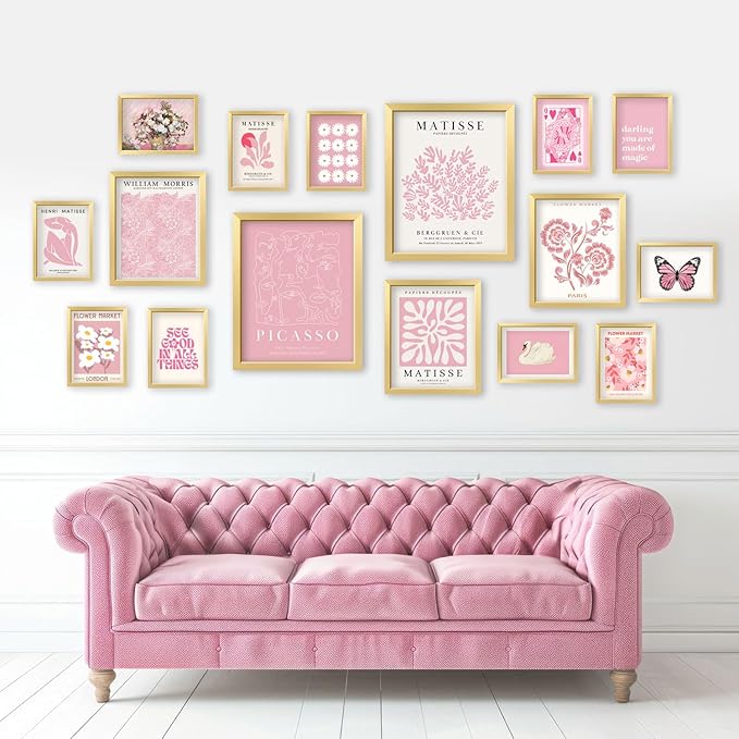 ANERZA 16 PCS Framed Pink Wall Art Decor, Matisse Wall Prints for Bedroom, Gallery Wall Frame Set, Minimalist Posters for Living Room Aesthetic, Collage Kit, Teen Girls Dorm Home Artwork