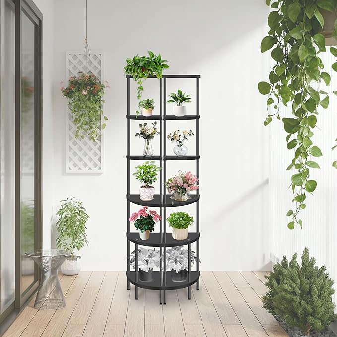 Qupui 6 Tier Corner Shelf Stand, 66” Tall Corner Bookshelf Multipurpose Shelving Unit, Plant Stand Display Rack Home Organizer Shelves for Bedroom Living Room, Black