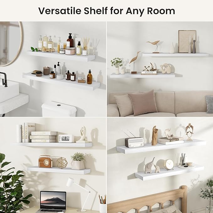 Fun Memories Rustic Floating Wall Shelves, Wall Mounted Wood Storage & Display Shelves for Bathroom, Bedroom, Living Room or Kitchen, (Set of 3, White, 12 in)