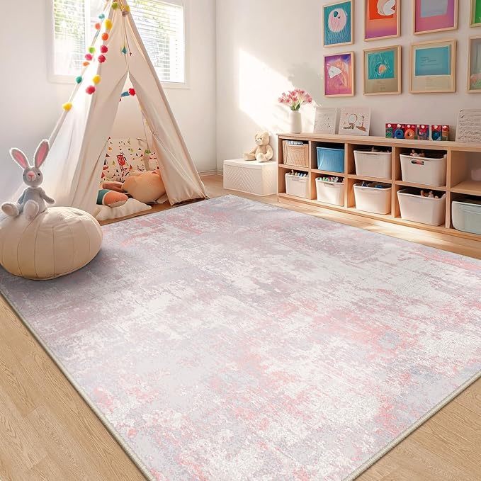 RELEANY Washable Area Rugs 5'x8' Non-Slip Modern Abstract Soft for Living Room Entryway Bedroom Nursery, Print Pattern, Grey Pink