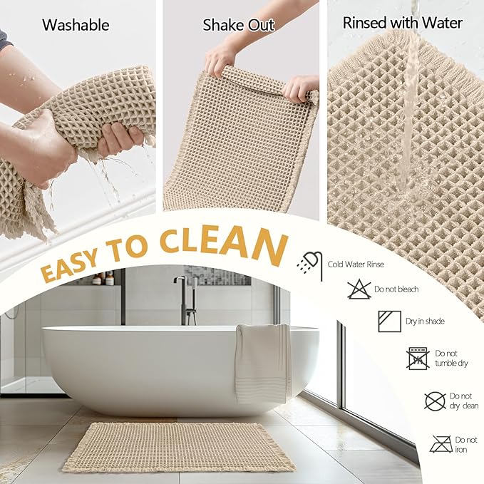 MIULEE Set of 2 Waffle Bathroom Rugs, Boho Bath Rugs Non Slip Washable, Super Absorbent Bath Mats, Ultra Soft Rubber Backed Shower Mats for Bathroom Floor, Tub, Pale Beige, 17"x24"+18"x30"