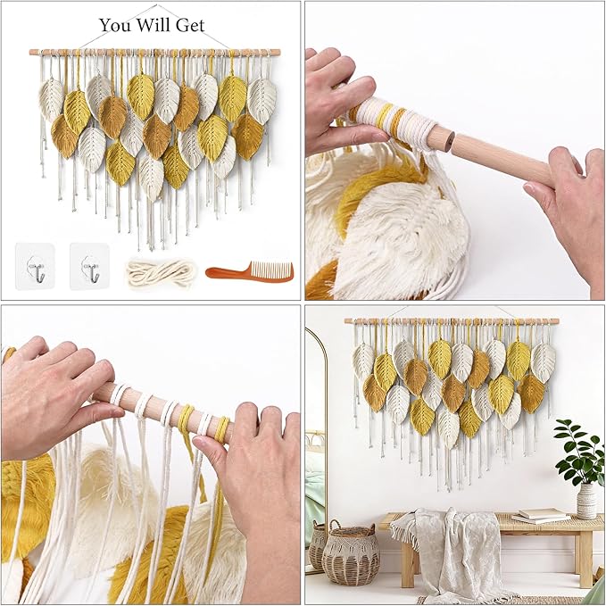 KHOYIME Large Macrame Wall Hanging Boho Woven Tapestry, Bohemian Farmhouse Handmade Yellow Leaf Feather Wall Art Chic Modern Home Decoration for Living Room Bedroom Nursery Dorm Backdrop 39"W X 29.5"L