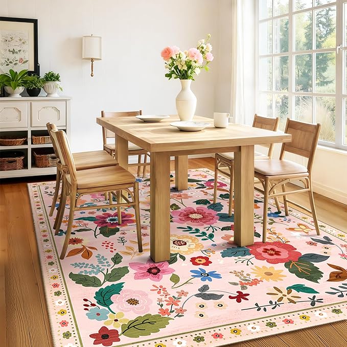 RELEANY Floral Nursery 6x9 Area Rugs Washable Print Boho Cute Carpet Non Slip Flower Low Pile for Living Room Kids Girls Playroom Bedroom Kitchen Office Farmhouse-Pink