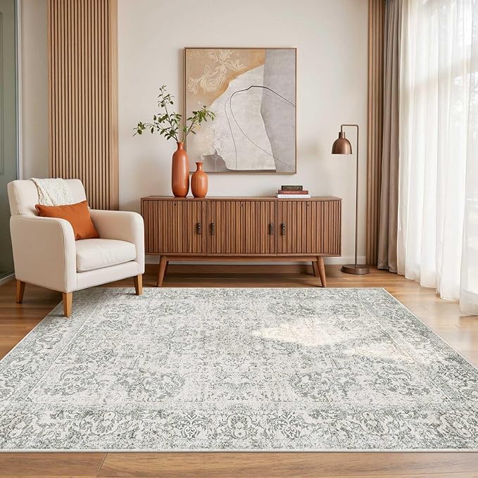 Rugxara Washable Area Rug for Living Room, Neutral Vintage Boho Rugs for Office, Dining Room, Kids Room, Farmhouse, Durable Low Pile Non Slip Carpet for High Traffic Areas, Light Grey(4x6 ft)
