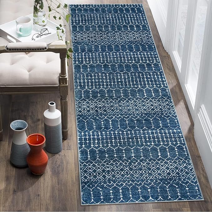 Lahome Moroccan Blue Runner Rug 2x6 Rug Non-Slip Stain Resistant Kitchen Rug Runner Low-Profile Washable Hallway Runners, Geometric Print Distressed Carpet for Entryway Laundry Room Hana