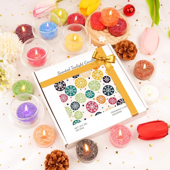 Tealight Candles for Women 16 Pack Aromatherapy Scented Candles Small Candle Gift Set for Women with 16 Scents Long-Lasting Soy Wax Candles for Relaxation, Decor, Christmas, Birthday, Mother's Day