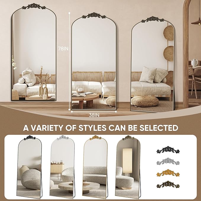 Antok Arched Full Length Mirror, 78"x38" Floor Mirror with Carved, Full Body Mirrors for HomeDecor, Standing/Halling Large Wall Mirror for Bedroom, Living Room, Cloakroom, Bronze, Retro Style